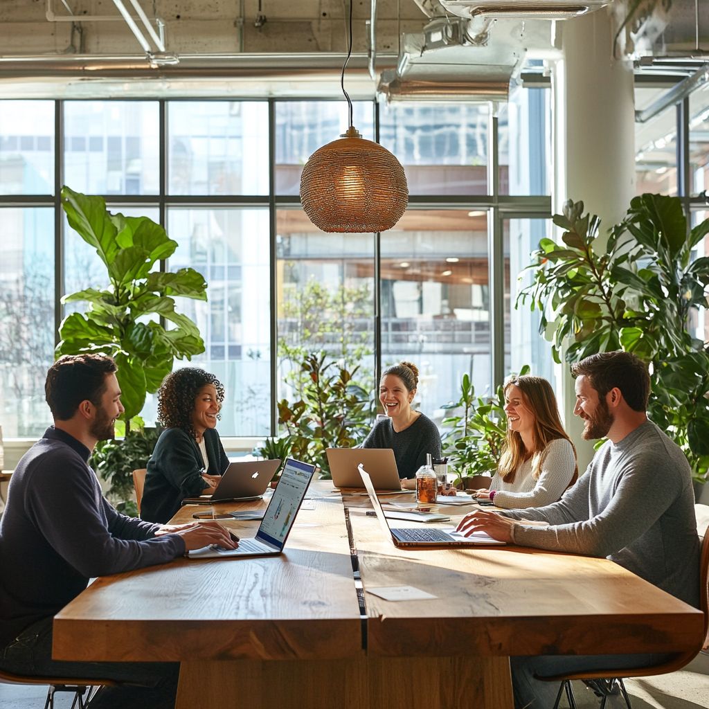 Professionals collaborating around a shared workspace during a team development session